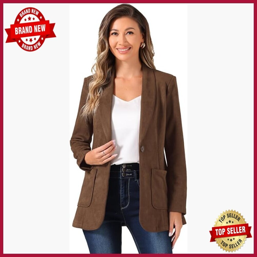 Faux Suede Blazer Lapel Collar One Button Dressy Suit Jacket
